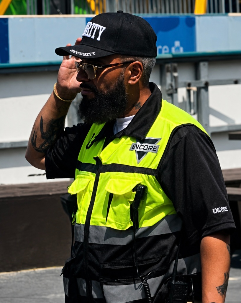 Encore Protection officer in high-visibility vest on active patrol duty