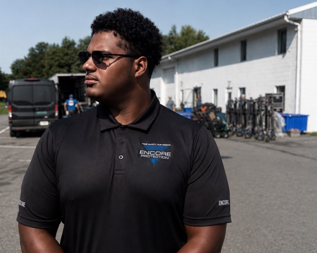 Encore Protection unarmed security officer on duty at a production site